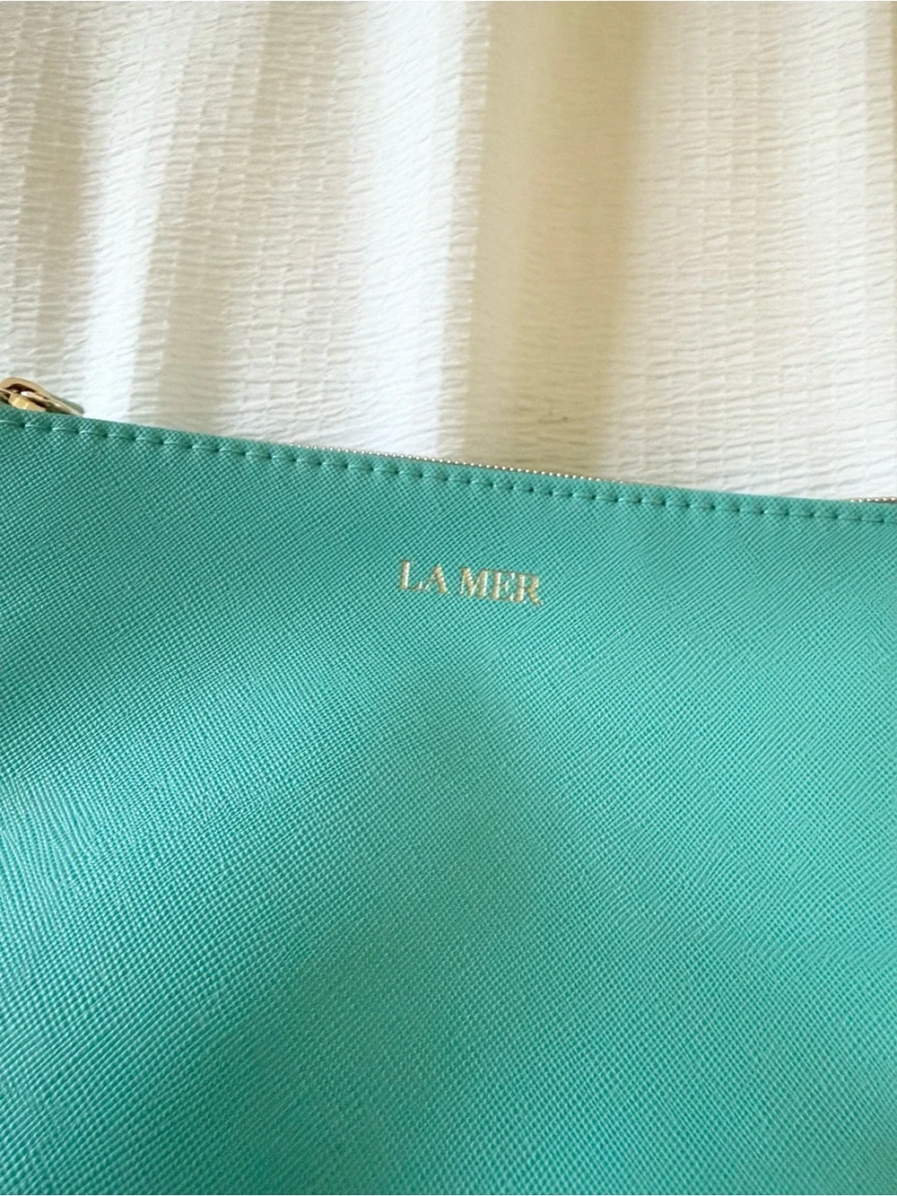 La Mer Teal Blue Green Faux Leather Cosmetic Bag Makeup Bag Travel Case